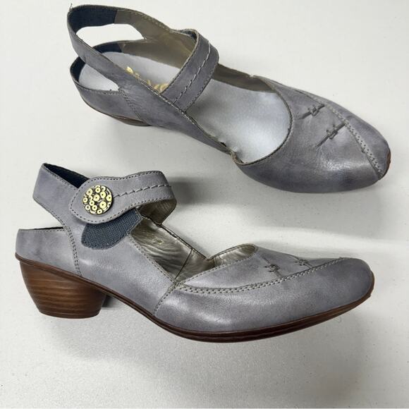 Reiker Grey Leather Artsy Mary Jane Heels Womens 9.5 Lagenlook Casual Funky - Picture 1 of 11